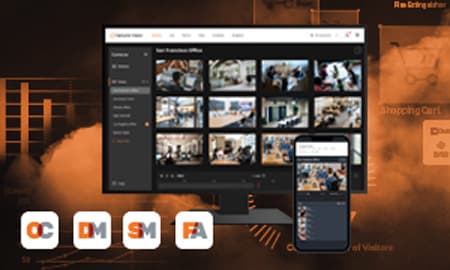 Hanwha Vision VMS software promotional image displaying multi-camera monitoring on desktop and mobile screens.