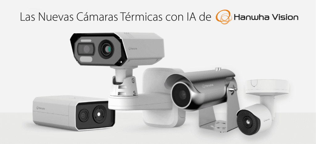 Nueva línea de cámaras térmicas con IA de Hanwha Vision, mostrando cinco modelos diferentes con distintos diseños y carcasas