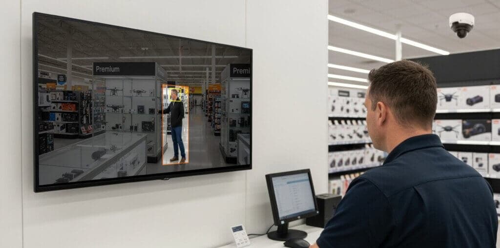 Empleado de tienda revisando en pantalla la detección de una persona identificada por cámara de seguridad en la sección premium