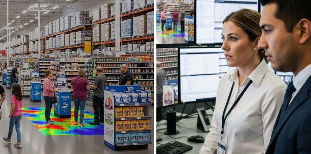 Comparación de mapa de calor de tráfico de clientes en tienda junto a operadores monitoreando pantallas de analíticas en un centro de control