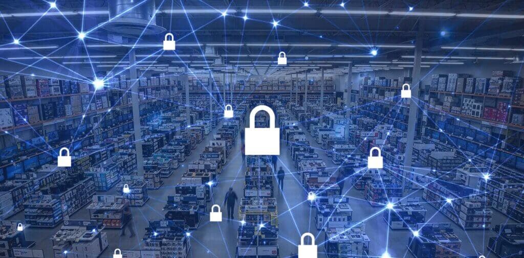 Concepto de seguridad de red en un almacén retail, con íconos de candado superpuestos sobre pasillos de inventario