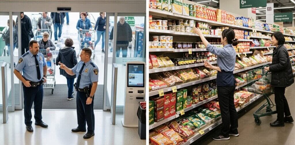 Comparación de guardias de seguridad monitoreando la entrada de una tienda junto a empleada asistiendo a clienta en el pasillo de abarrotes