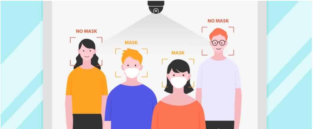 Cámara de seguridad con inteligencia artificial detectando el uso de mascarilla facial en tiempo real