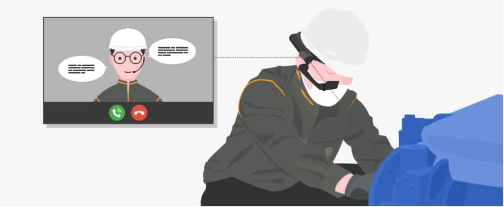 Trabajador industrial con casco y visor inteligente en videollamada remota con un experto para asistencia técnica en tiempo real