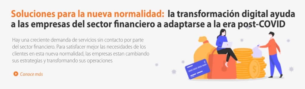 Ilustración de transformación digital en el sector financiero durante la era post-COVID, con personas realizando transacciones sin contacto junto a una tarjeta bancaria y monedas
