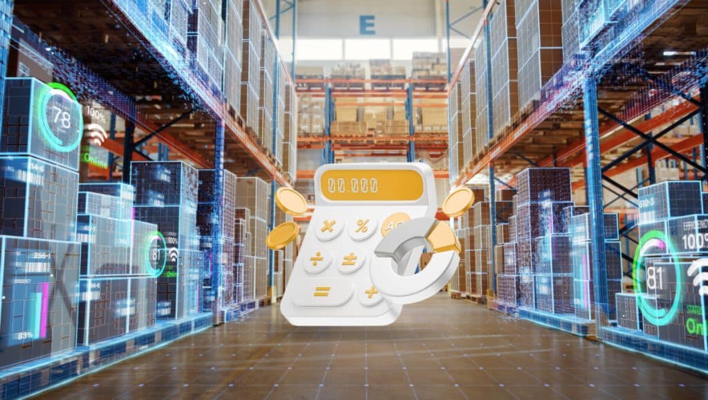 Warehouse aisle with digital data overlays on inventory pallets and a calculator icon representing cost savings from smart inventory tracking