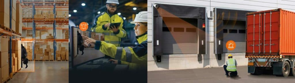 Three-panel image showing warehouse security applications: person detected in a storage aisle, workers reviewing inventory data on a screen, and audio alarm zones monitoring loading dock entrances