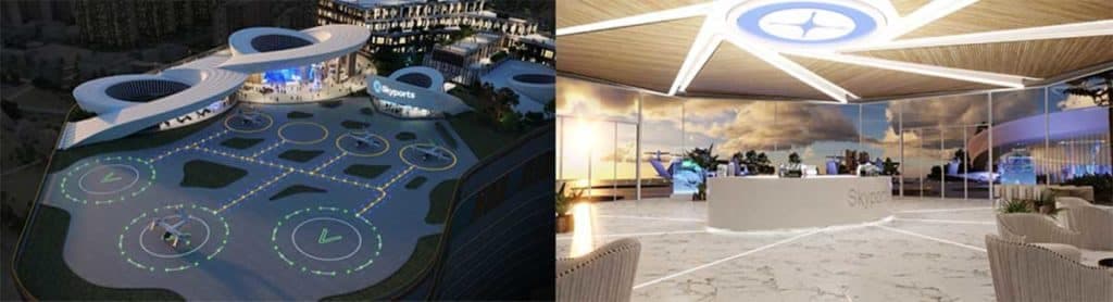 Un modelo renderizado de un vertihub para aviones eléctricos