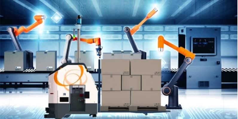 Robots colaborativos (cobots) y vehículo guiado automatizado (AGV) trabajando en una línea de producción industrial, manipulando cajas y paquetes