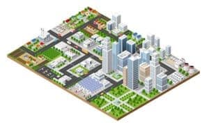 Ilustración isométrica de una ciudad inteligente con edificios, calles, áreas verdes y paneles solares