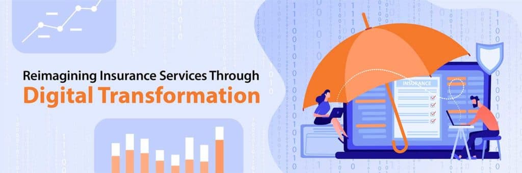 Ilustración sobre la transformación digital de los servicios de seguros, con personas trabajando bajo un paraguas junto a gráficos de datos y un documento de póliza de seguro